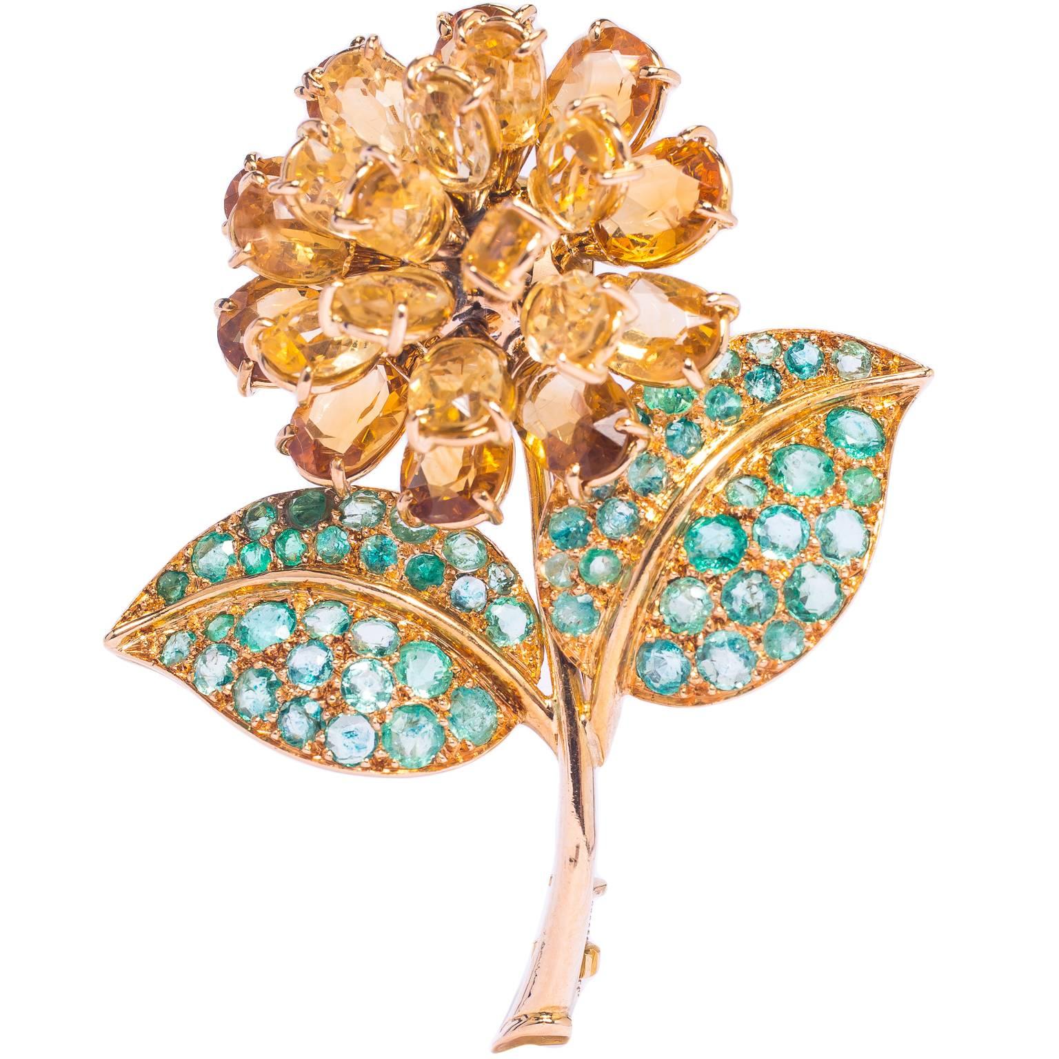 René Boivin rare gold, citrine and emerald flower brooch For Sale