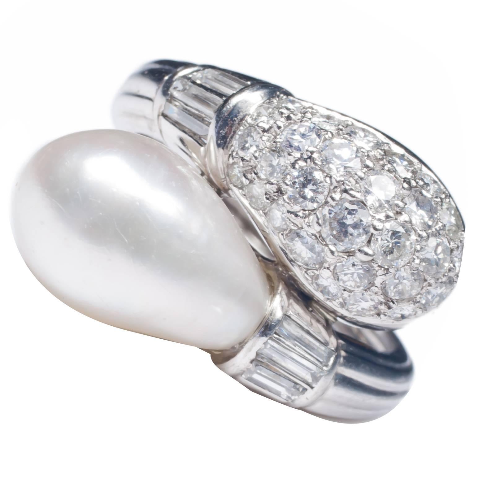 Beautiful Art Deco natural pearl diamond Platinum Bypass Ring For Sale