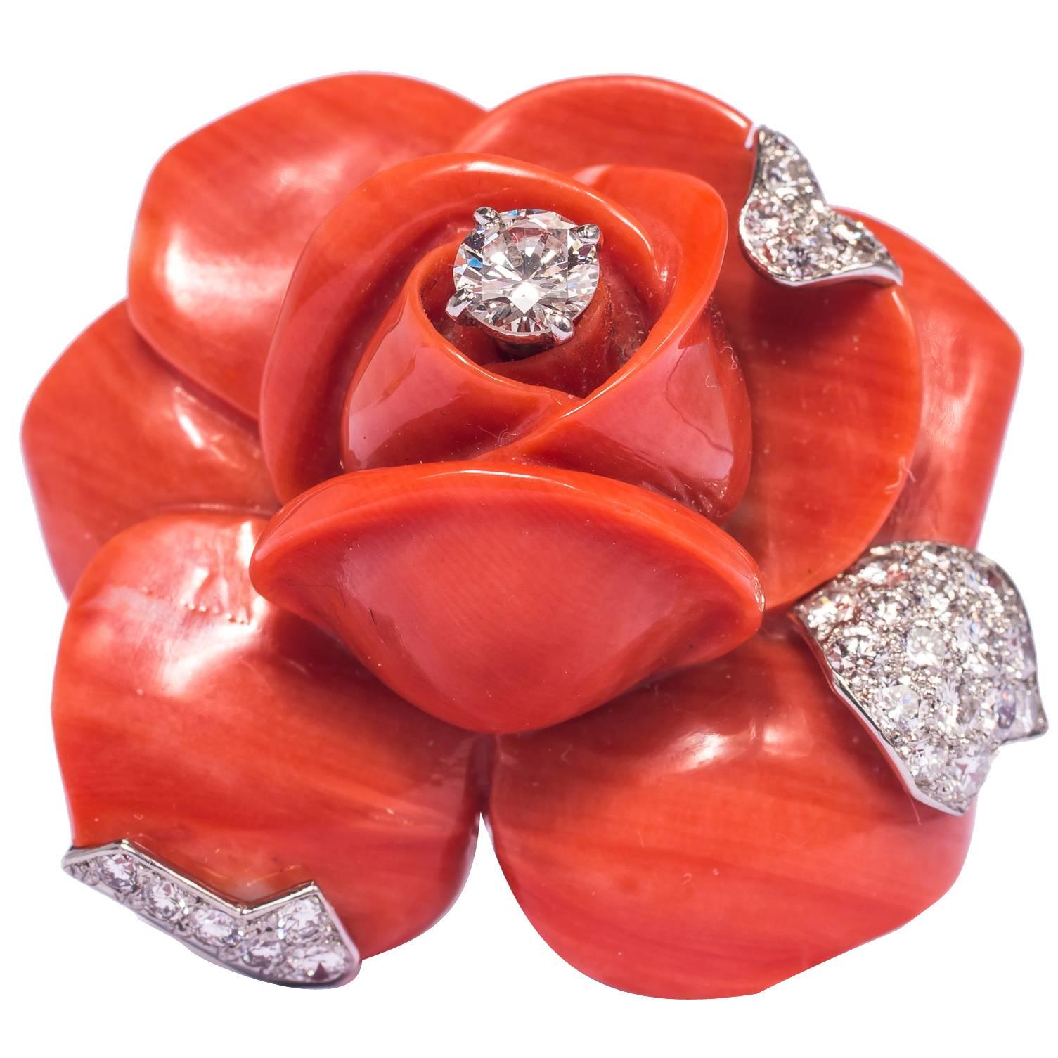 1960s Magnificent Cartier coral  diamond flower brooch  For Sale