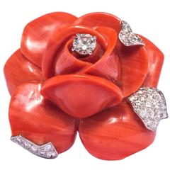 1960s Magnificent Cartier coral  diamond flower brooch 