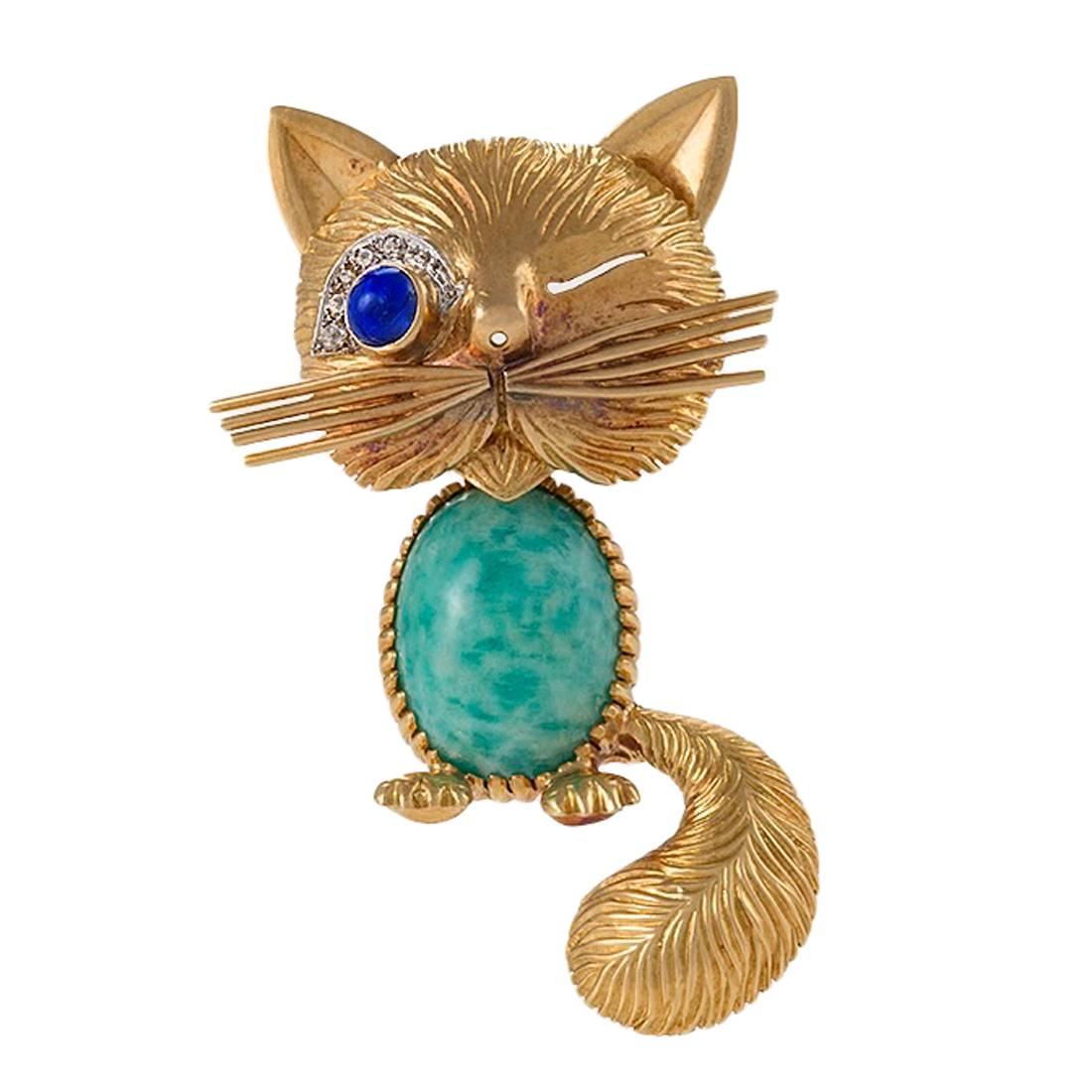 Van Cleef & Arpels Paris Turquoise, Diamond, Blue Sapphire and Gold Cat Brooch