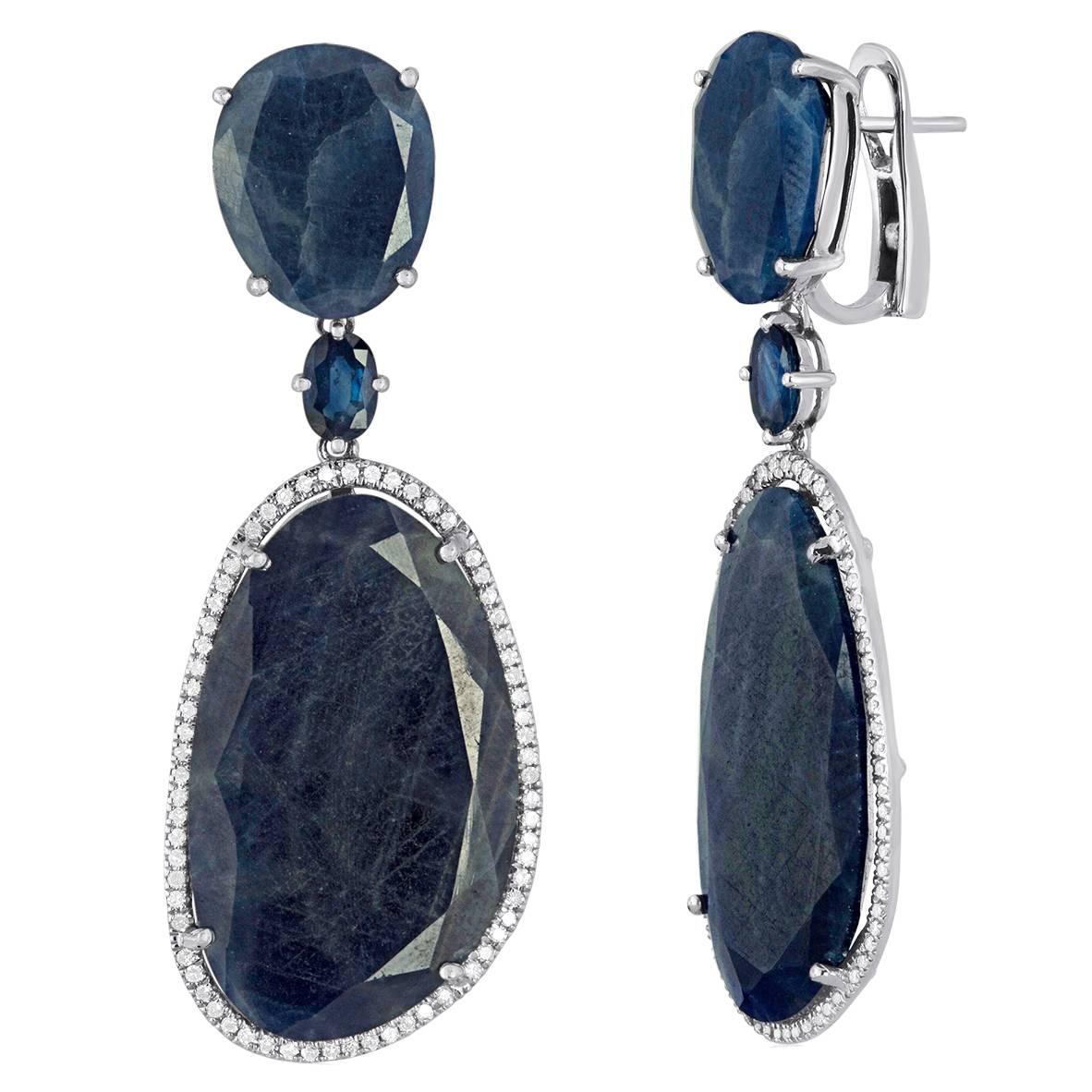 82.61 Carats Sliced Sapphire Diamond White Gold Drop Earrings