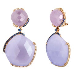 61.22 Carats Chalcedony Purple Jade Sapphire Gold Drop Earrings