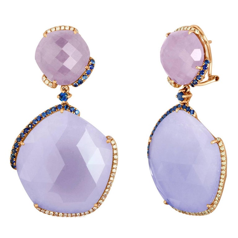 61.22 Carats Chalcedony Purple Jade Sapphire Gold Drop Earrings For ...