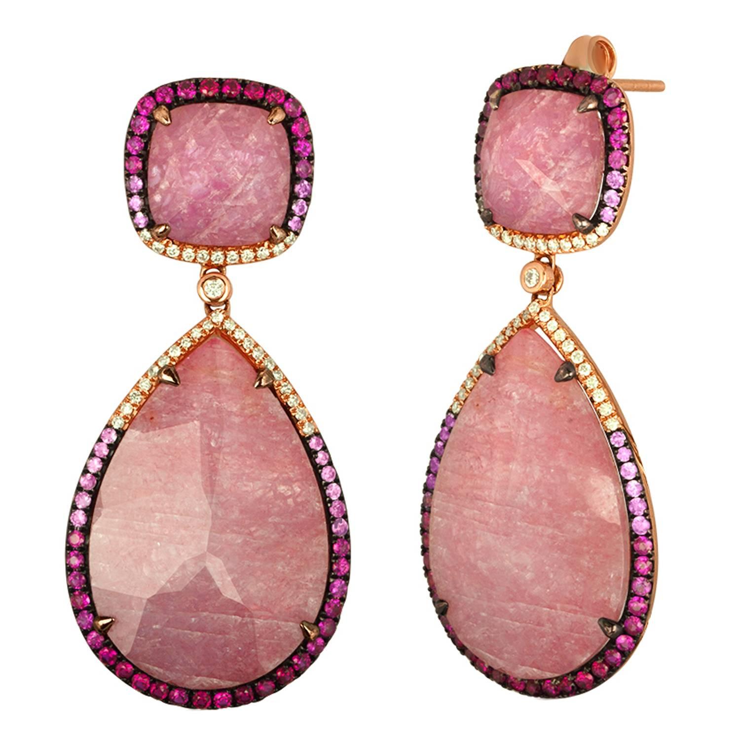 31.86 Carats Triplet Pink Sapphire MOP Rock Crystal Diamond Gold Drop Earrings