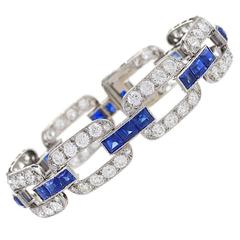 French Art Deco Sapphire Diamond Gold Platinum Link Bracelet 1