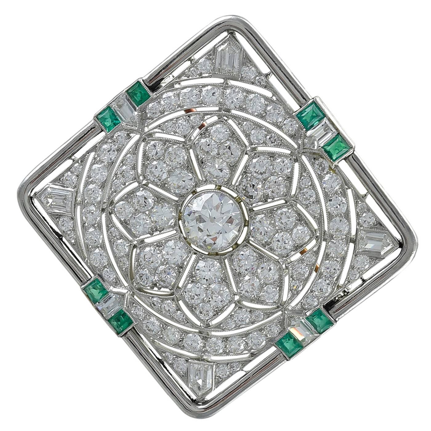 Gorgeous Art Deco Diamond Emerald Gold Platinum Pin