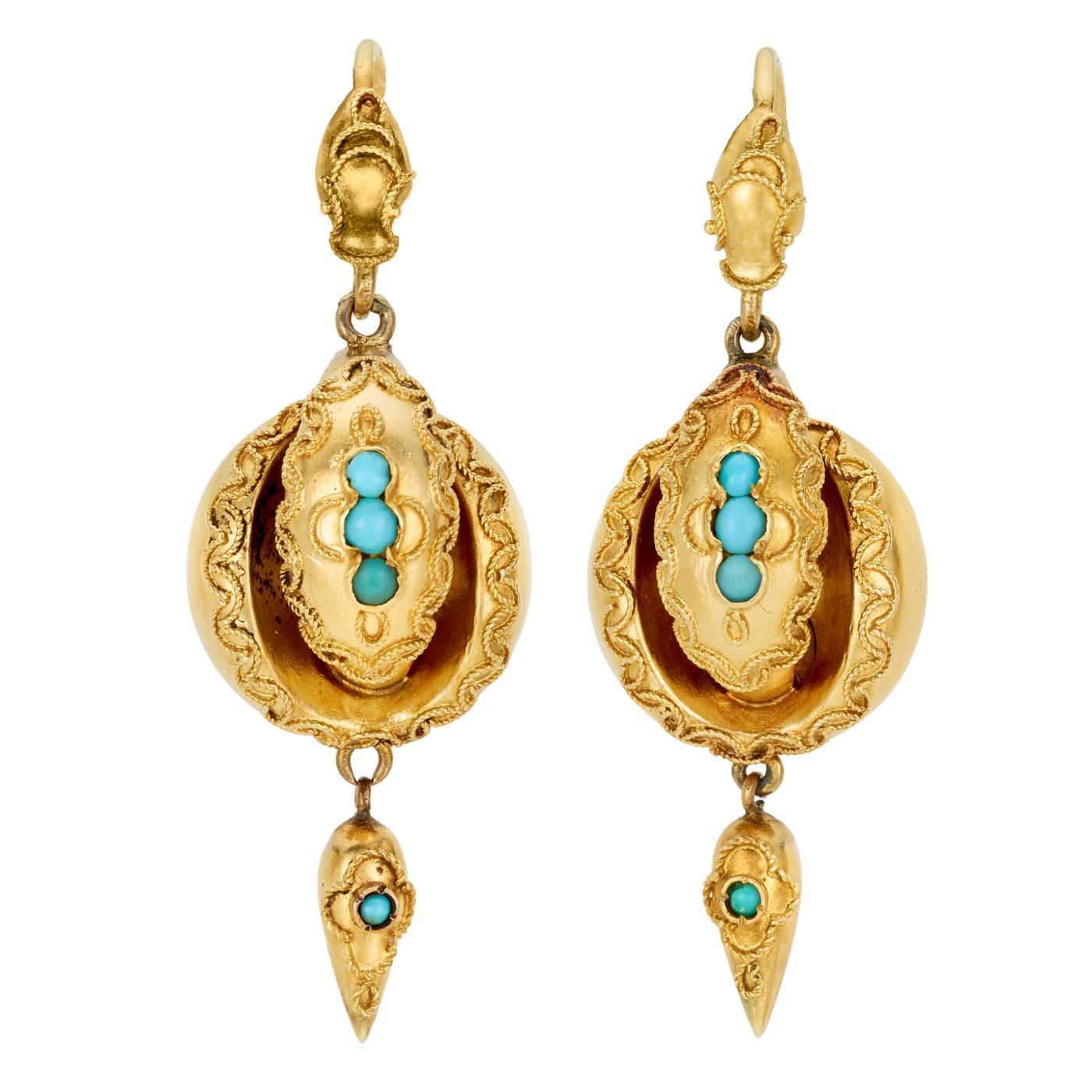Victorian Turquoise Gold Drop Earrings For Sale at 1stdibs