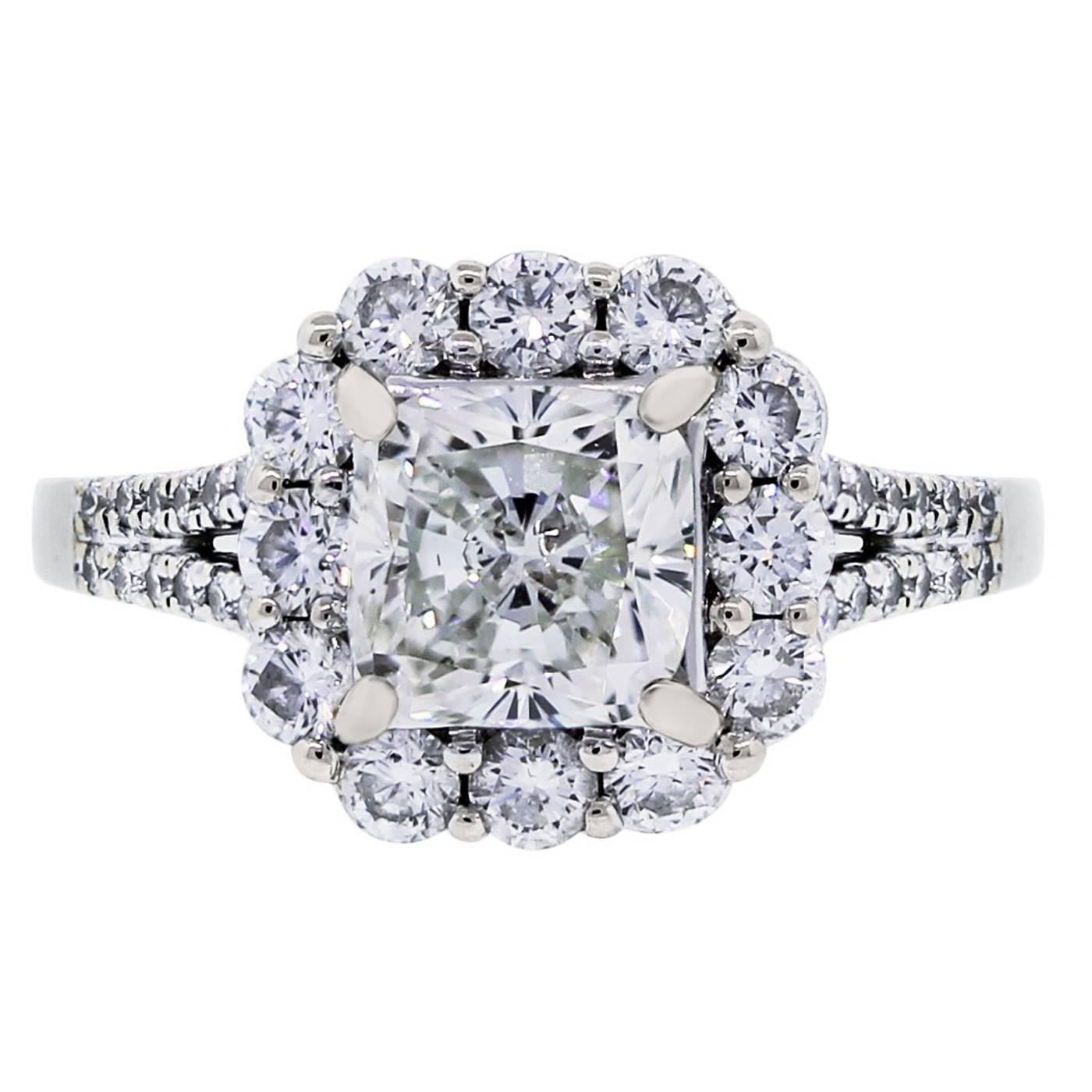 EGL Certified 1.61 Carat Cushion Cut Diamond Halo Engagement Ring