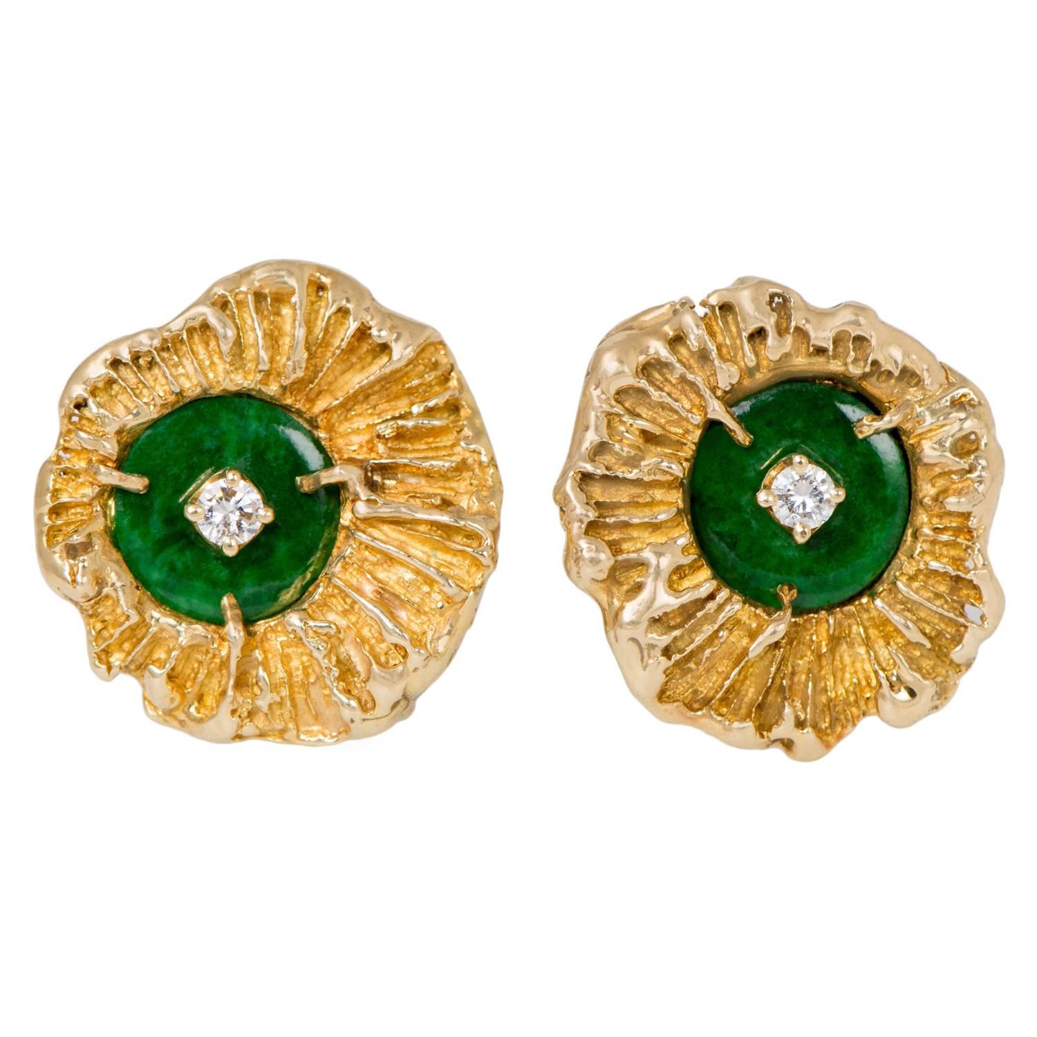 1970s American Arthur King Jade Diamond Earrings