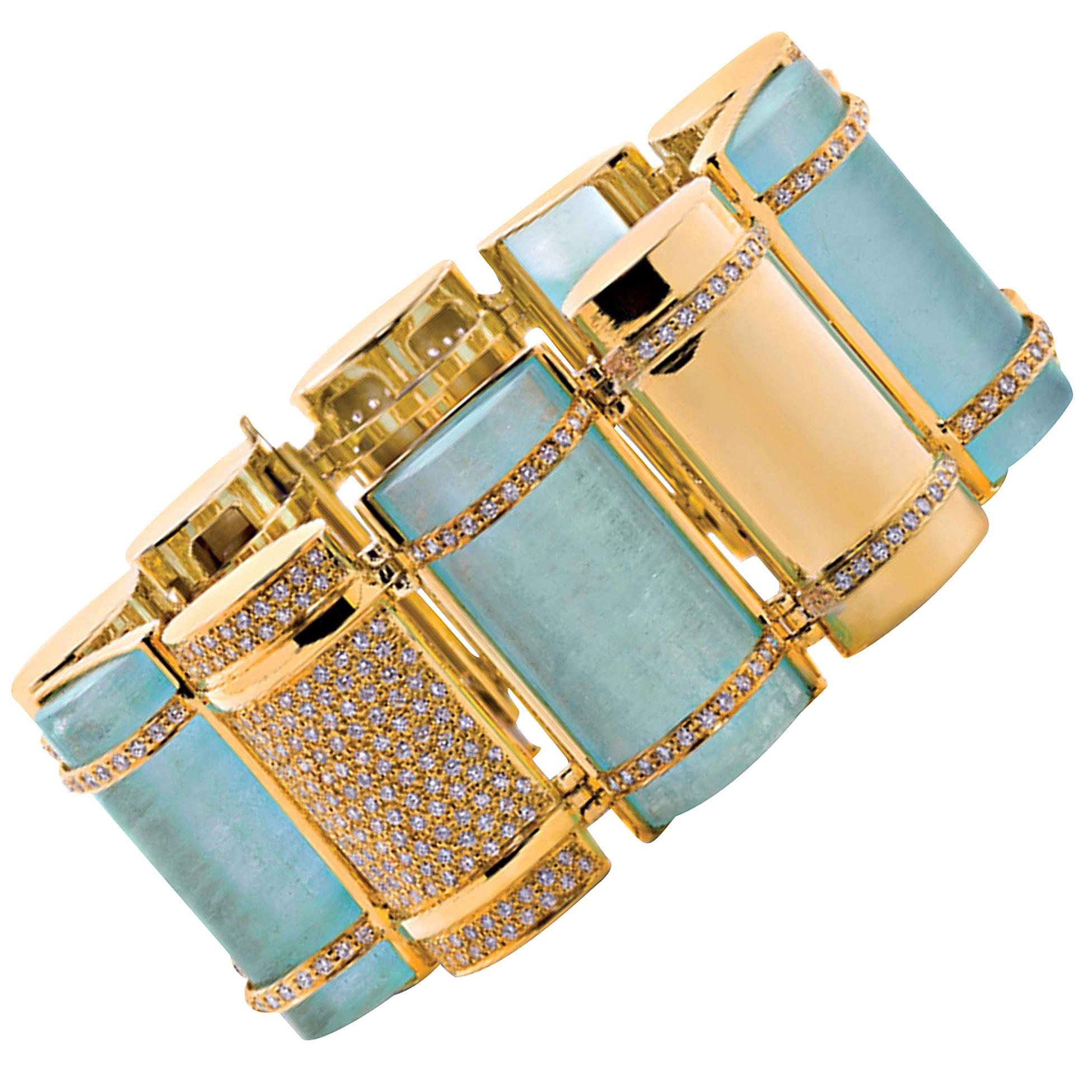 Faraone Mennella Couture Aquamarine Diamond Gold Bullet Link Bracelet For Sale