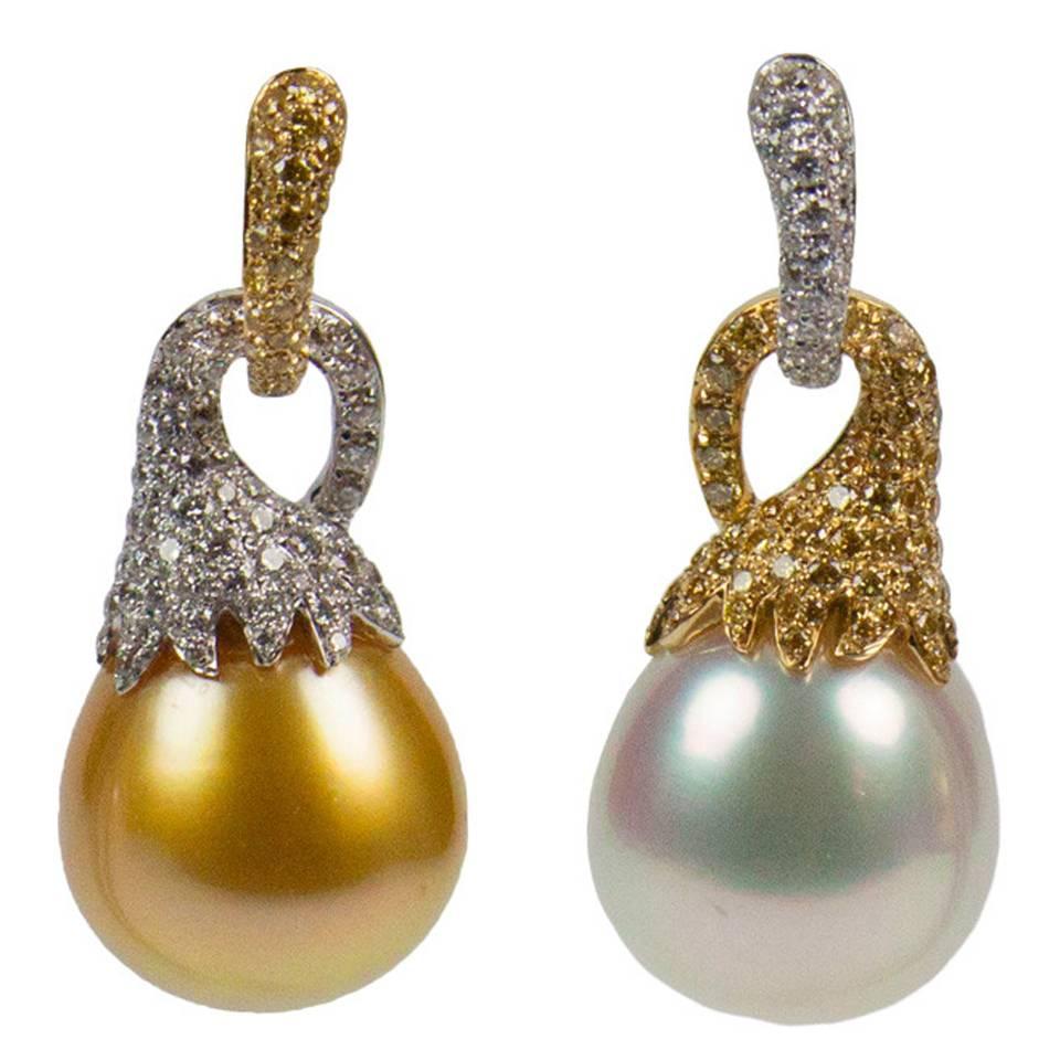 South Sea White and Golden Pearl Diamond 18K Gold Statement Heirloom Earrings
