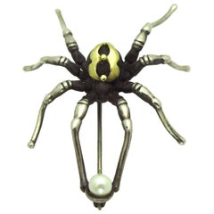 Retro Pearl Silver Gold Spider Brooch