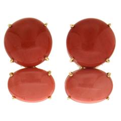 Round and Oval Coral Cabochon Clip Earrings
