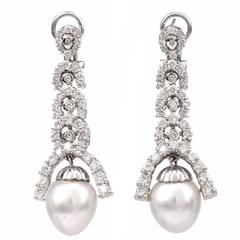Fine Diamond South Sea Pearl Drop Pendant Earrings