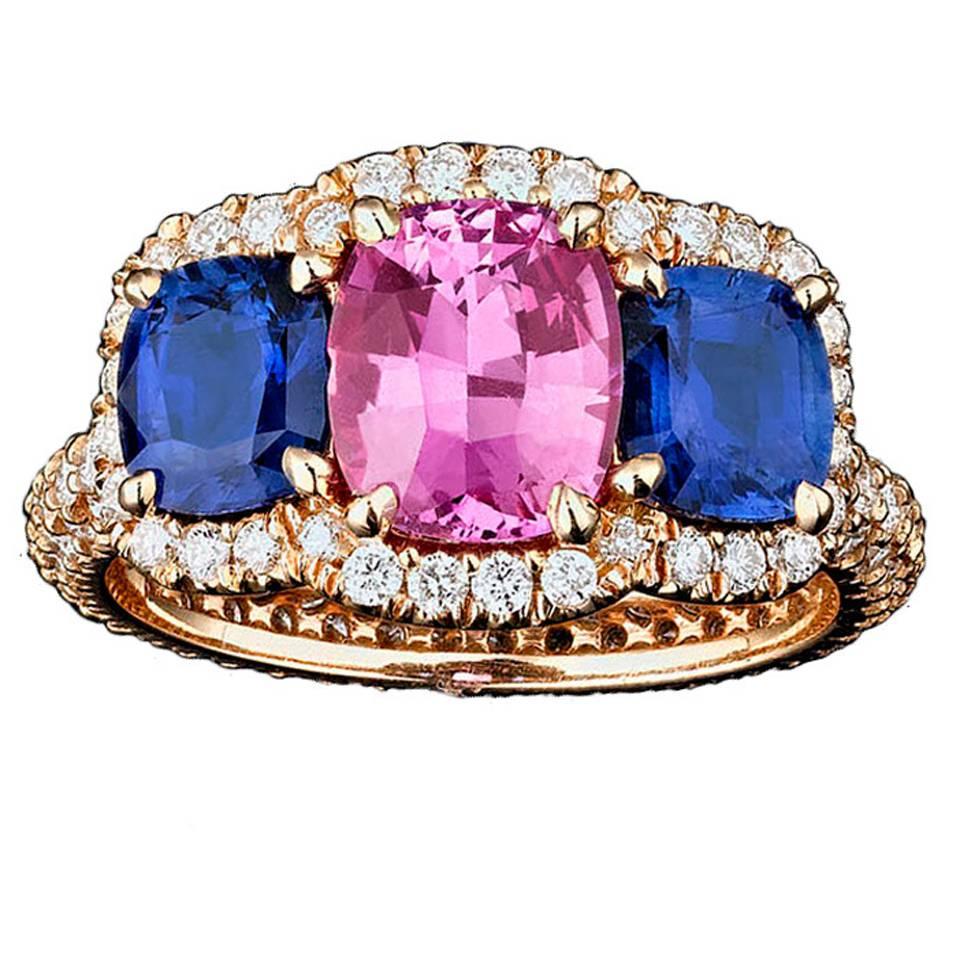 Untreated Blue and Pink Sapphire Diamond Gold Ring