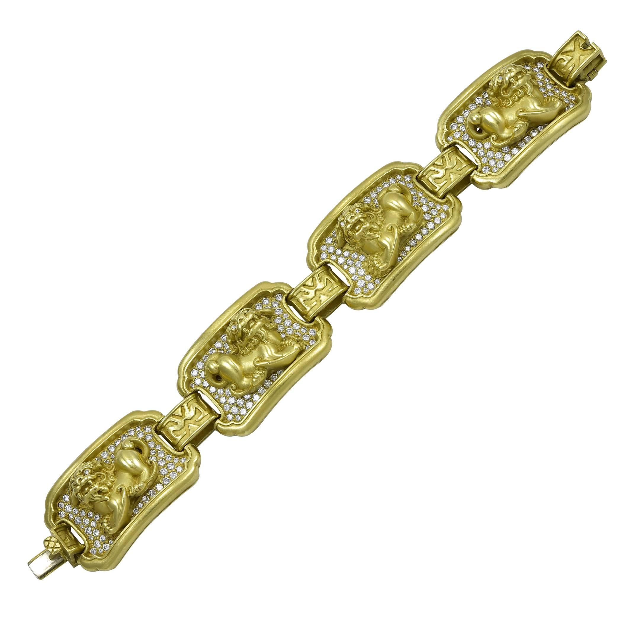 Rare Kieselstein Foo Dog Gold and Diamond Bracelet For Sale