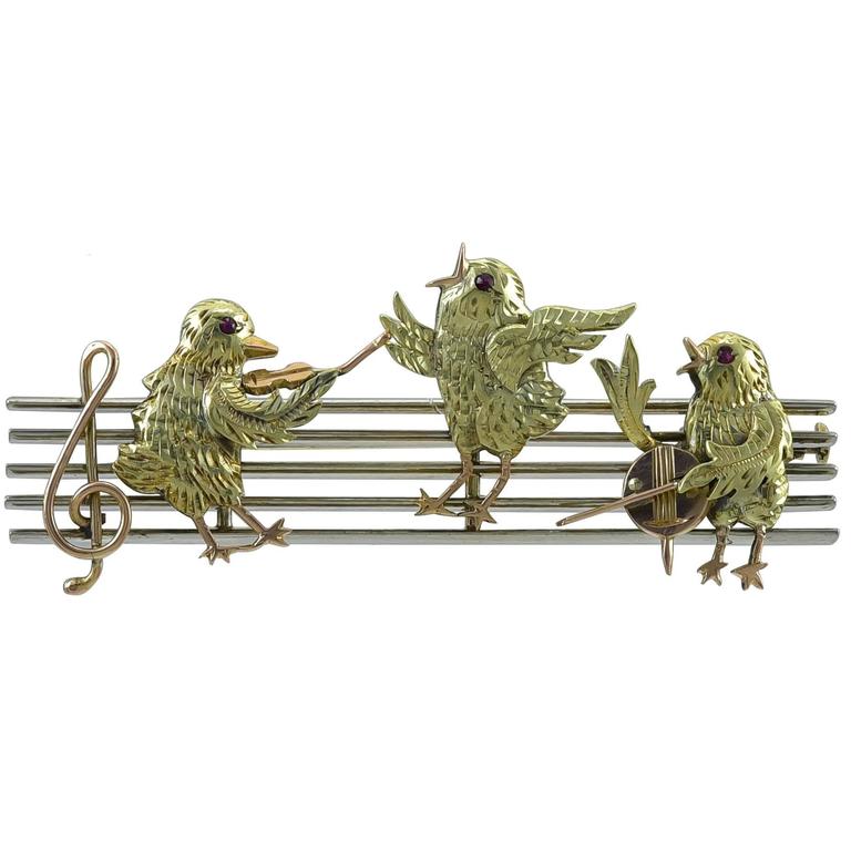 Charming Antique Gold Musical Bird Pin at 1stDibs
