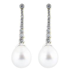 South Sea Pearl Diamond Gold Platinum Drop Earrings