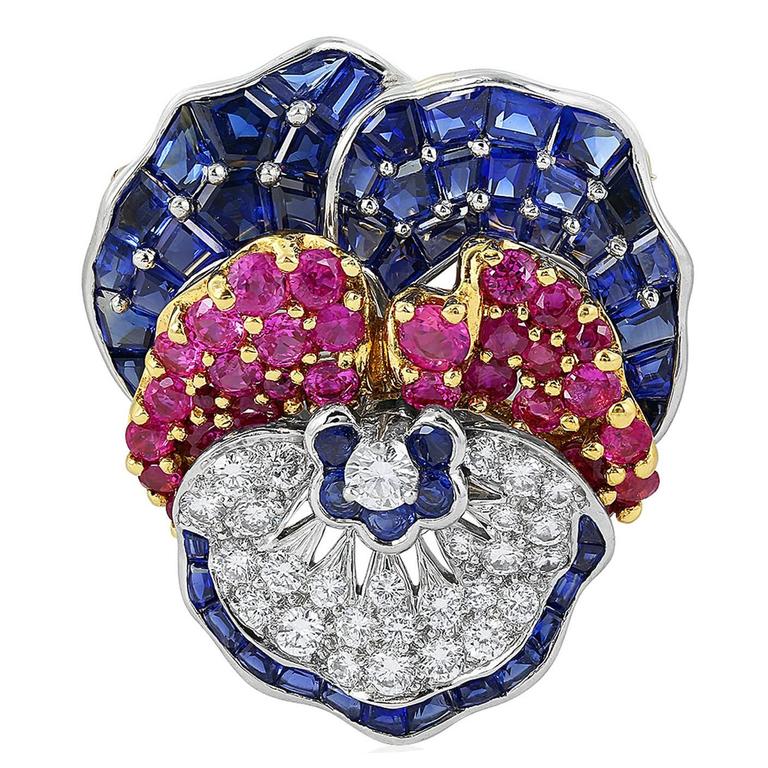 Oscar Heyman Sapphire Diamond Gold Platinum Pansy Pin For Sale