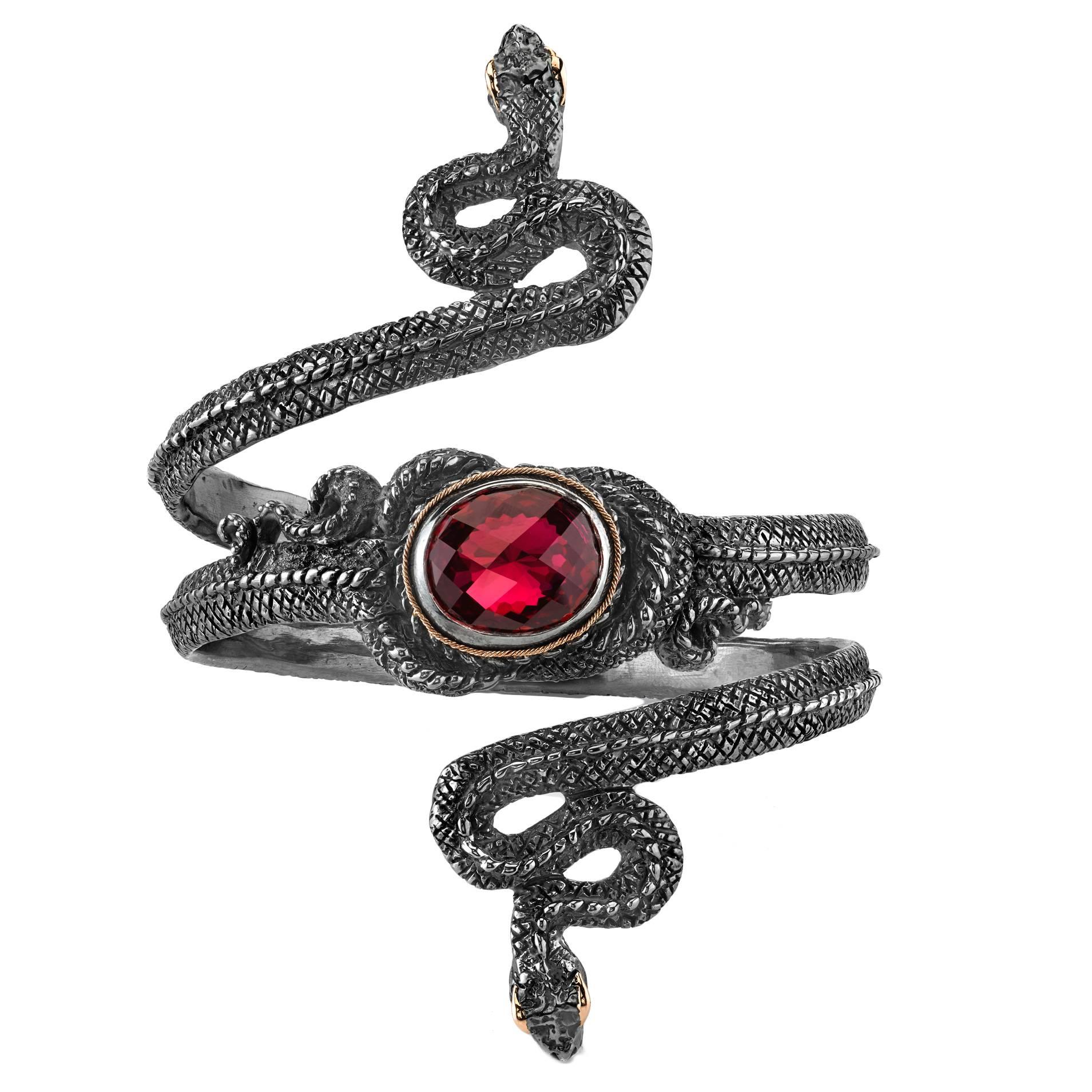 Organic Silver and Garnet Snake Arm Cuff Bracelet For Sale