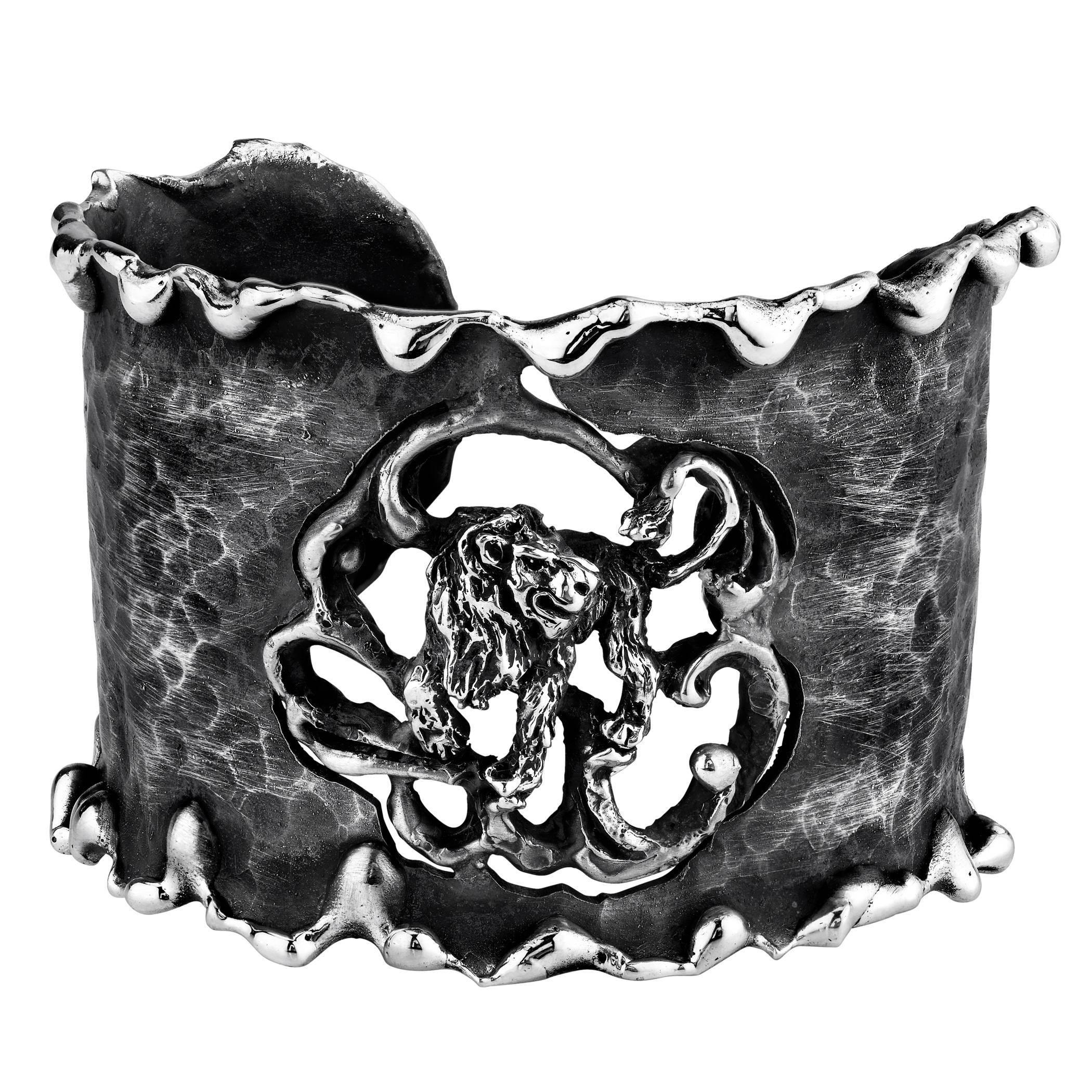 Leo Hand Forged Silver Zodiac Cuff Bracelet  For Sale