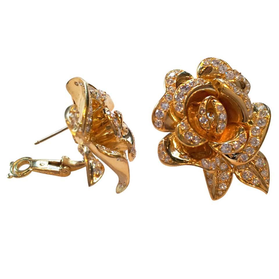 Marchak Diamond Gold Rose Flower Earrings For Sale at 1stdibs