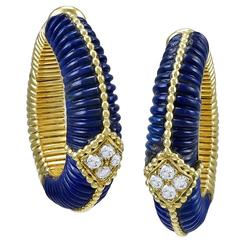 Van Cleef & Arpels Carved Lapis Diamond Gold Hoop Earrings