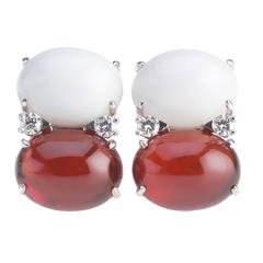 Jumbo GUM DROPâ„¢ Earrings with Cabochon White Jade and Garnet and Diamonds 1