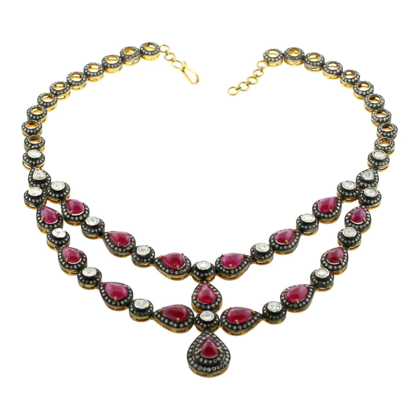 Gorgeous Ruby Rosecut Diamond Silver Gold Necklace For Sale at 1stDibs