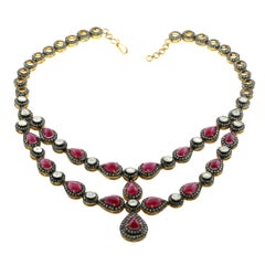 Gorgeous Ruby Rosecut Diamond Silver Gold Necklace