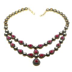Gorgeous Ruby Rosecut Diamond Silver Gold Necklace 11