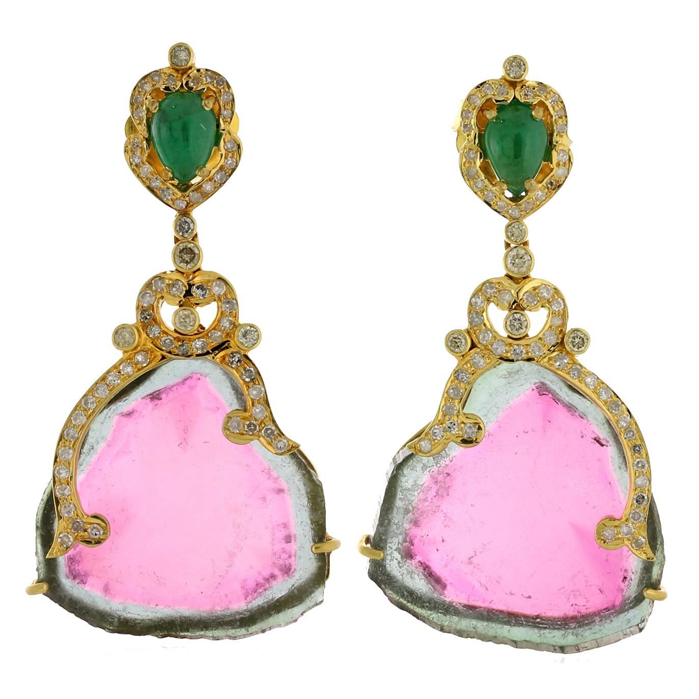 Ravishing Watermelon Tourmaline Gold Drop Earrings