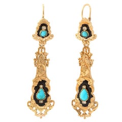 Antique French Enamel Turquoise Diamond Chandelier Earrings