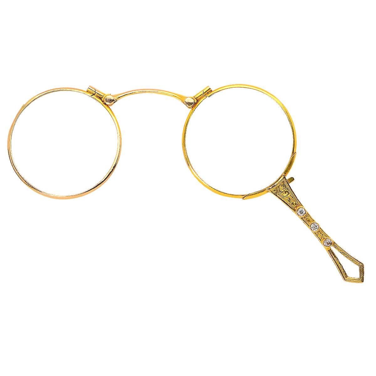10 Karat Yellow Gold Vintage Diamond Eye Glasses Featuring 6 Old European Cut Diamonds Weighing Approximately .72 Carats Total, G Color, SI Clarity.