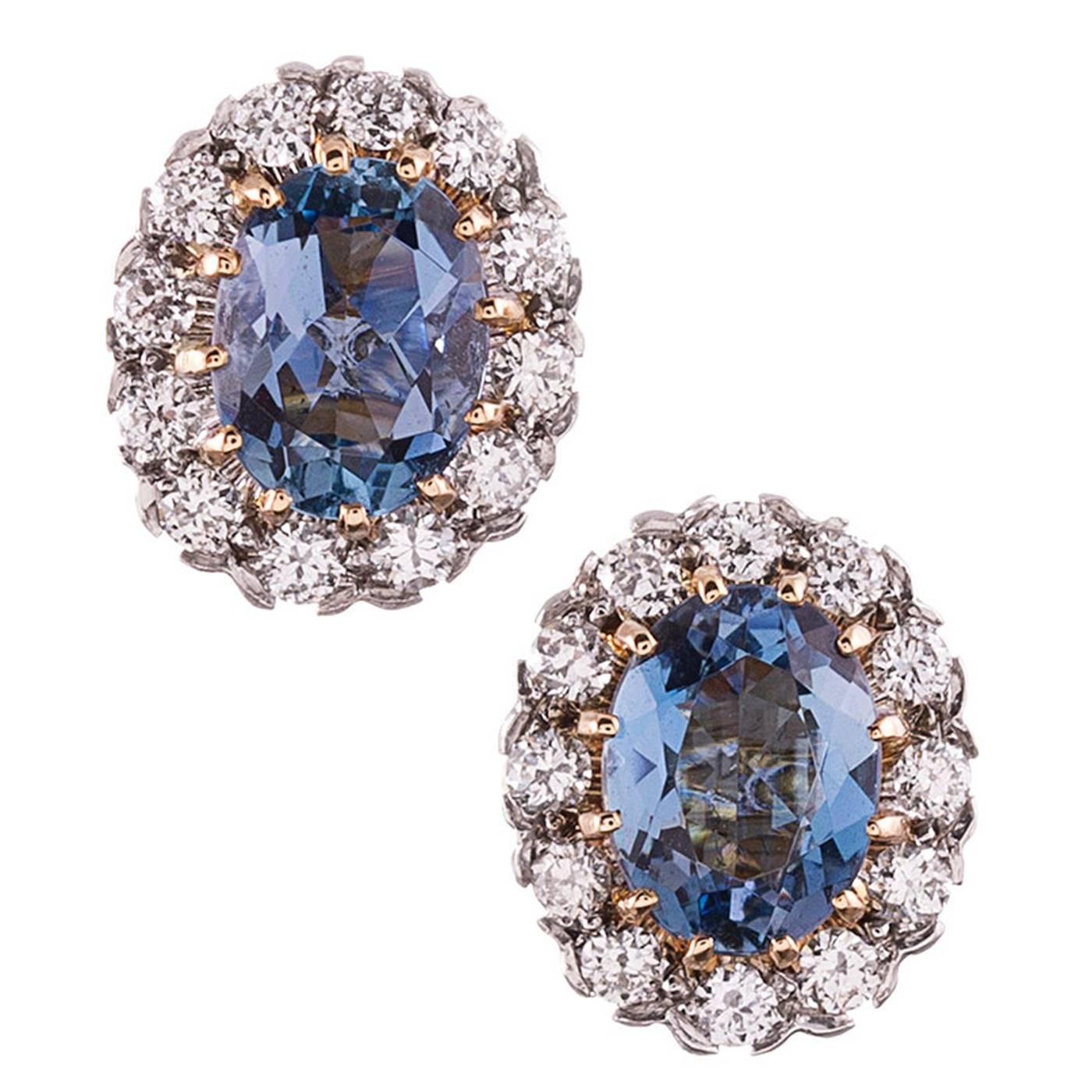 Aquamarine Diamond Gold Cluster Stud Earrings