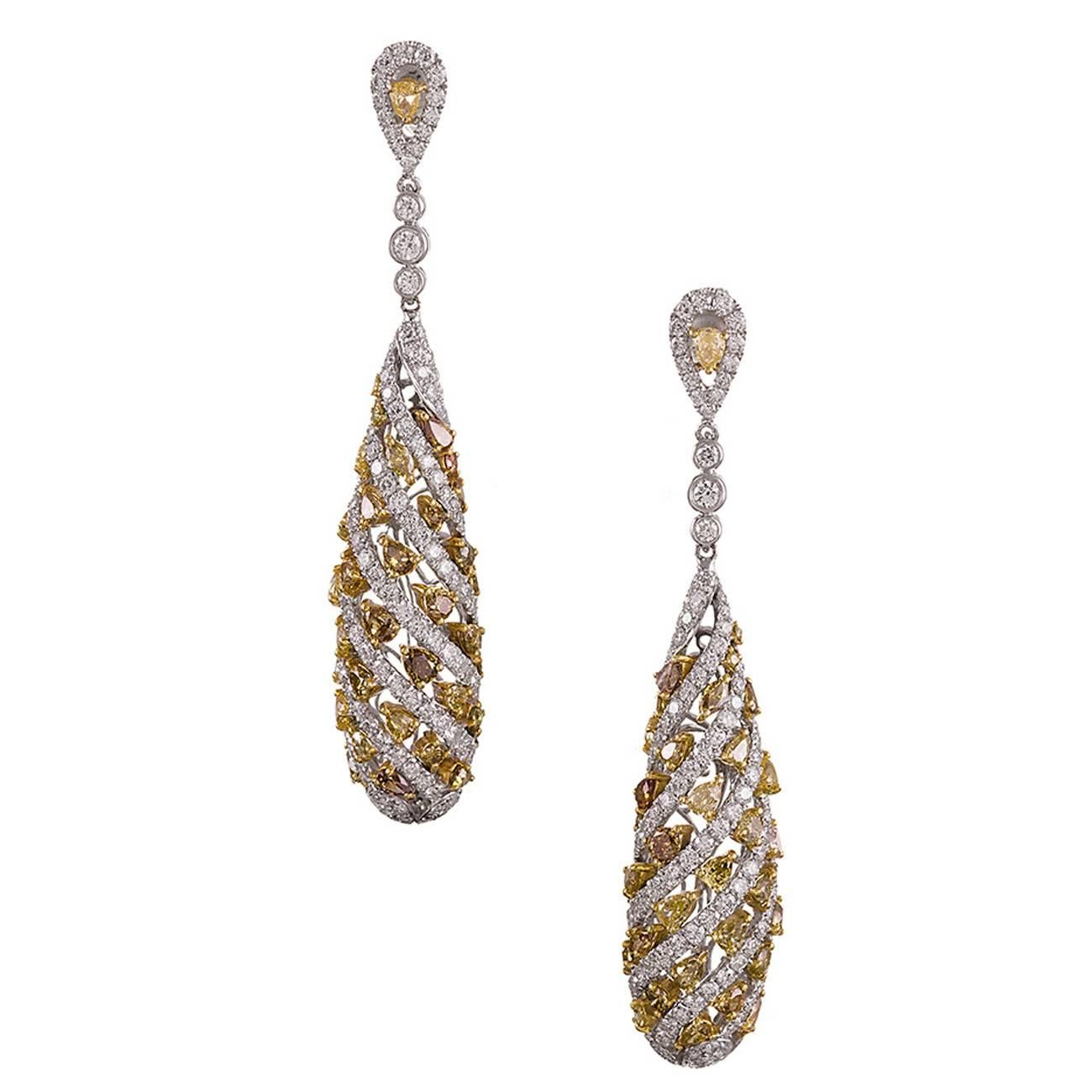 White and Fancy-Colored Diamond Gold Drop Earrings