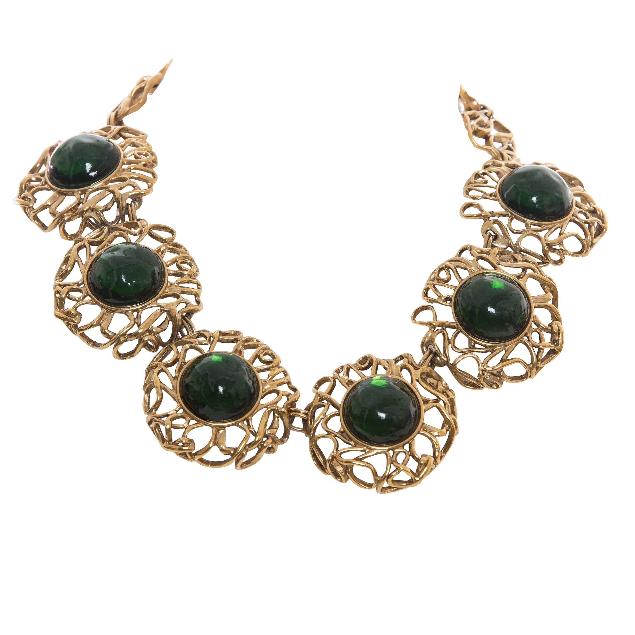Yves Saint Laurent Gilt Metal & Green Glass Cabochon Necklace, Circa: 1980s For Sale 1