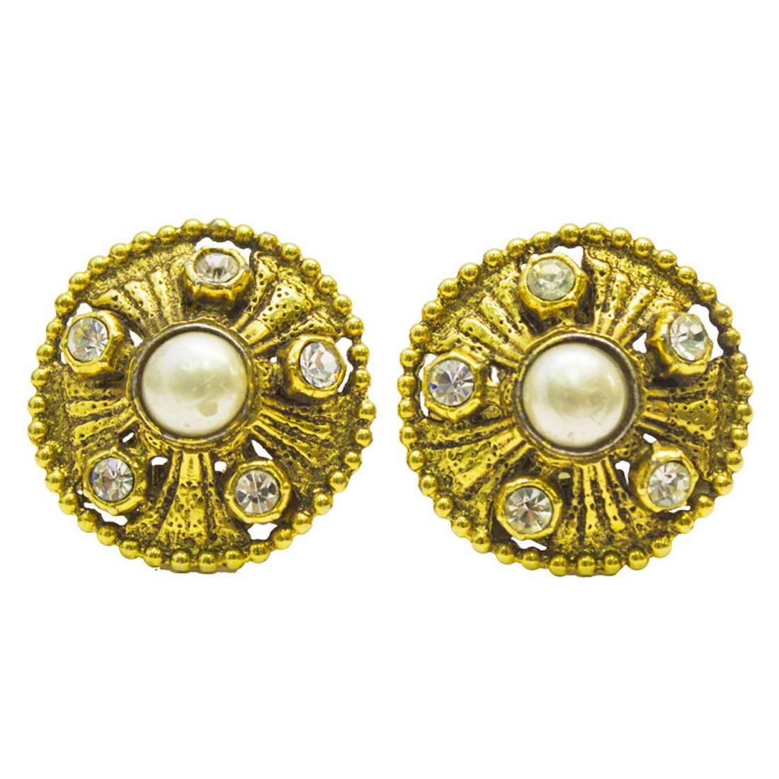 1970s Chanel Rhinestone Pearl Gold Earrings For Sale