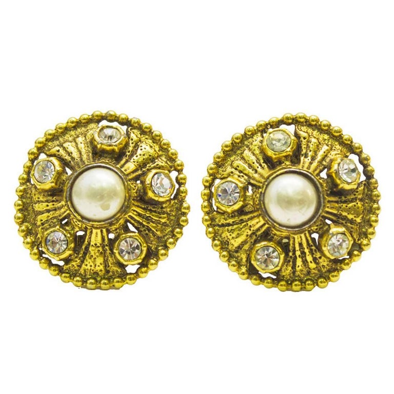 Chanel 1970s Goldtone Earrings With Large Rhinestone 