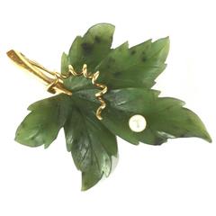 Charming Jade Leaf and Cultured Pearl Brooch