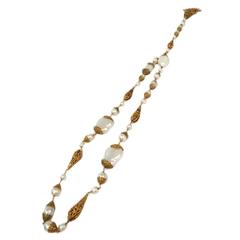 CHANEL Vintage White Pearl Gold Beaded Tassel Long Drop Chain Necklace
