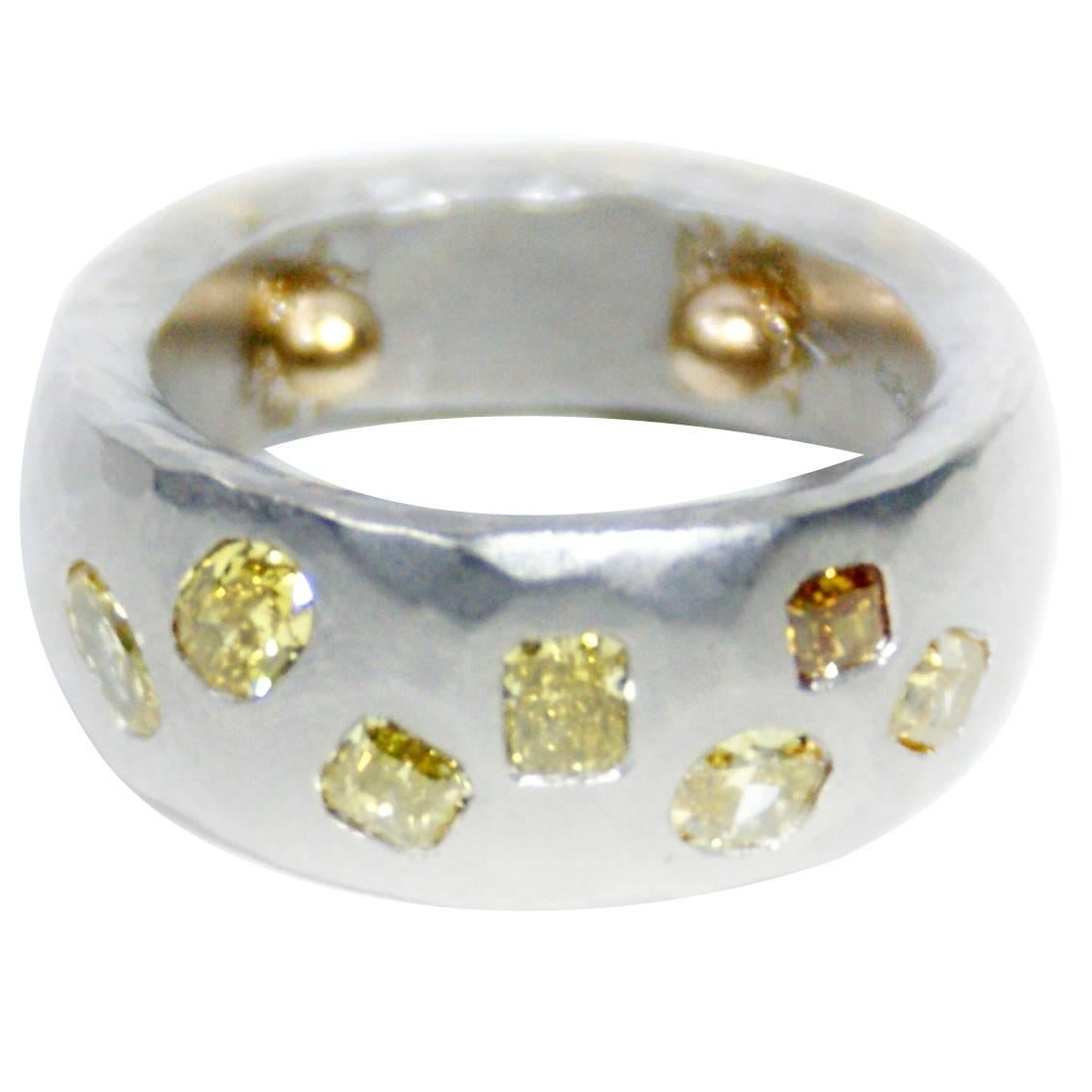 Yellow Diamond Platinum Band Ring For Sale