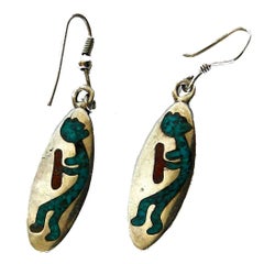 Vintage 1970s Native American Turquoise Coral Flute Players Hopi Kokopelli Earrings