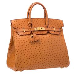 Hermes 32cm Cognac Ostrich HAC Birkin Bag with Gold Hardware