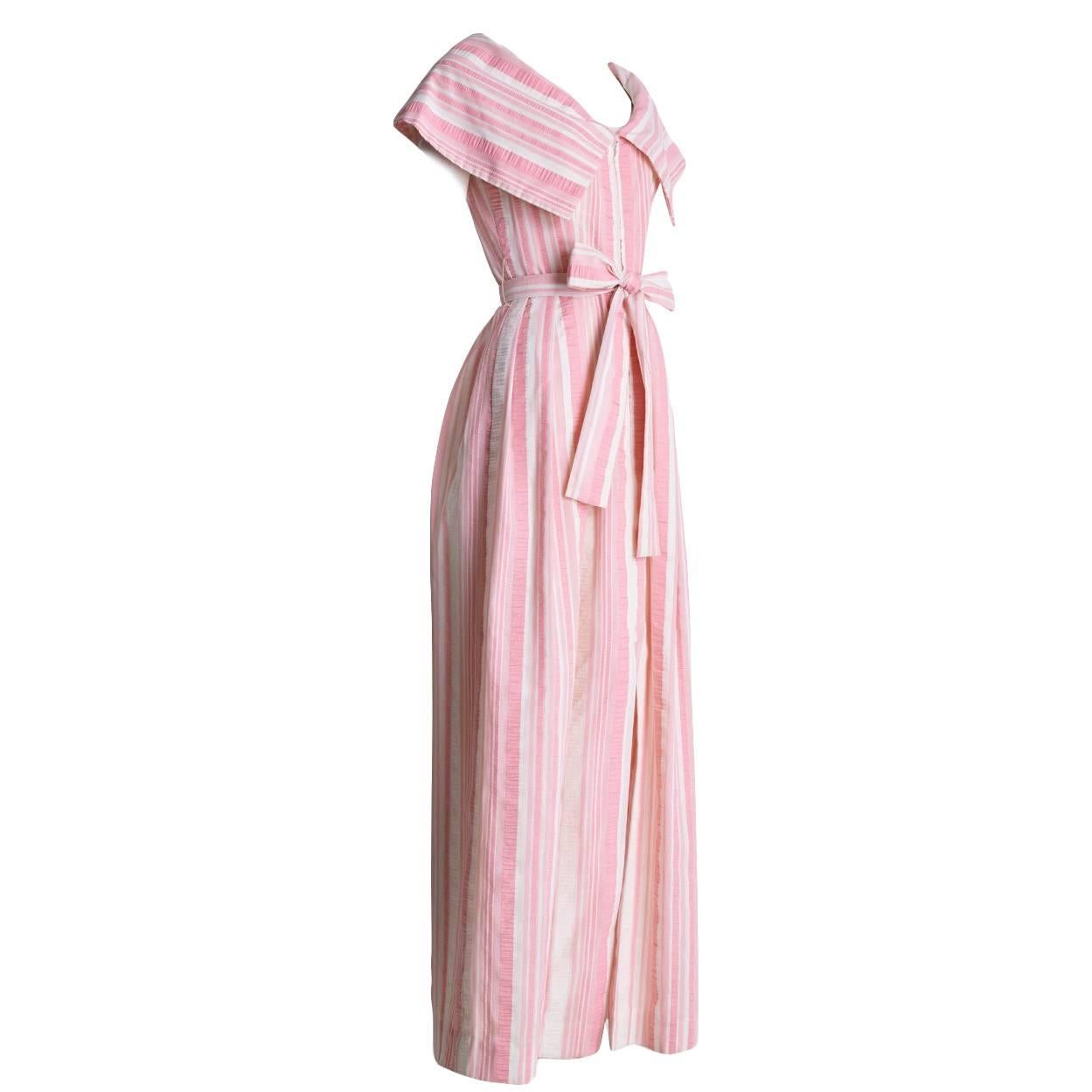 1970s Estevez Seersucker Pink and Ivory Candy Stripe Dress Size S For Sale