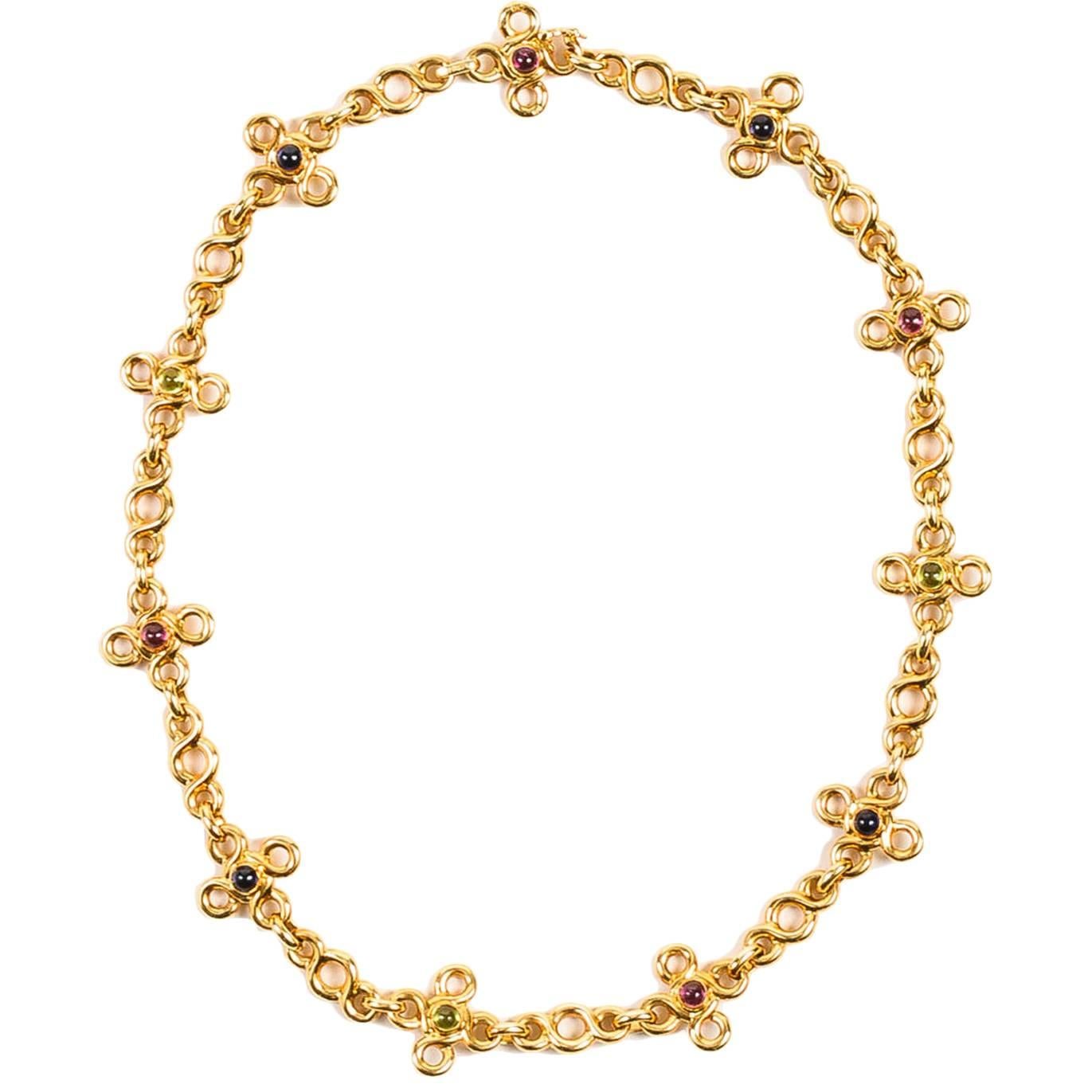 Chanel Rare Multicolor Cabochon Gemstone Gold Short Chain Necklace For Sale