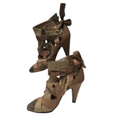 Vintage 1980s Snakeskin Linen and Taupe Leather Gladiator Booties
