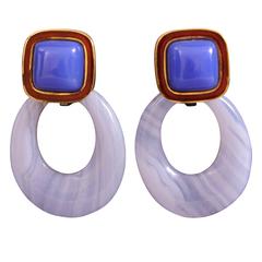 Andrew Clunn Enamel Chalcedony Blue Lace Agate Drop Gold Earrings 11