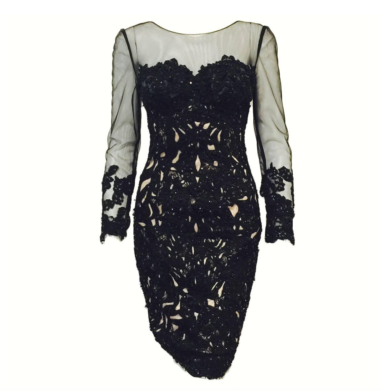 Mandalay Langärmeliges Schwarzes Cocktailkleid aus Spitze mit Perlen und Pailletten